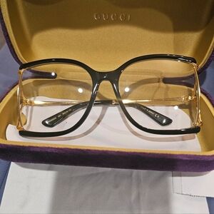 Gucci Women's Black and Gold Oversized Square Frame Glasses
